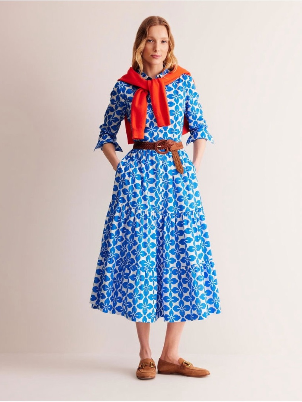 Boden Flo Cotton Midi Shirt Dress-Indigo Bunting, Floral Tile- NWT Sz 14R - Picture 3 of 8